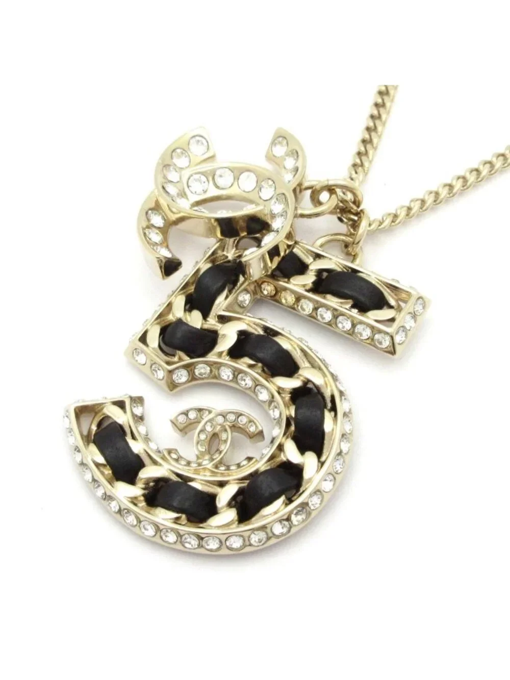 Chanel Necklace No 5 CC Logo Lambskin Gold Black Clear